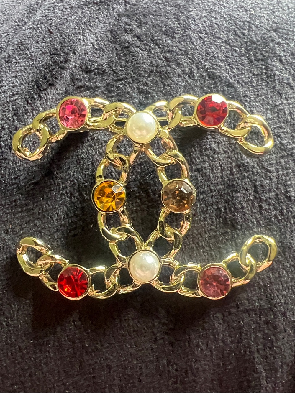 Gold-Tone Crystal Chain Logo Brooch - Multicolor - Picture 3 of 8